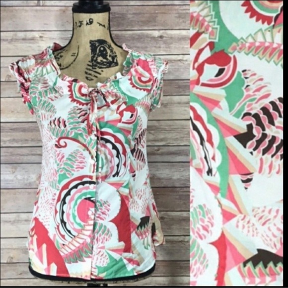 Tahari Multicolored Print Ruffle Top XS - Picture 2 of 7